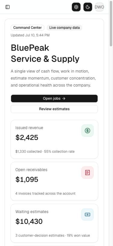 VadosStack Command Center showing service revenue, receivables, waiting estimates, pending reviews, cash flow, and operating pulse on a mobile viewport