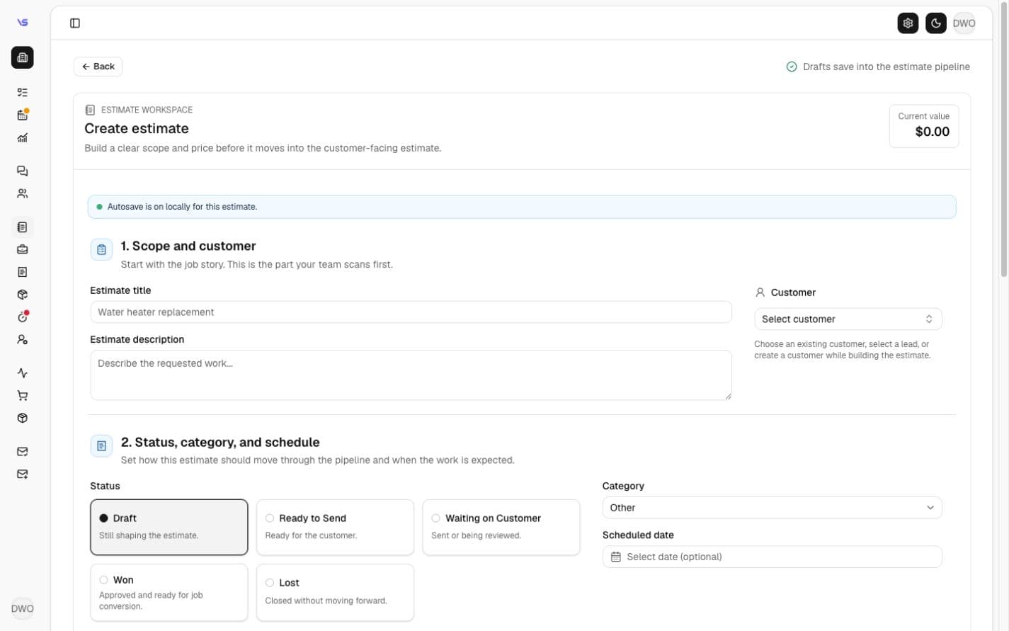 VadosStack create estimate screen showing customer details, service scope, schedule, labor, and material pricing fields