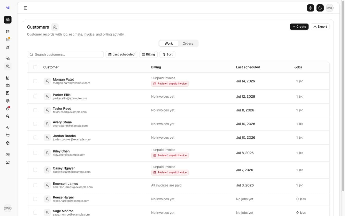 VadosStack customers screen showing customer billing status, last scheduled service, and job count