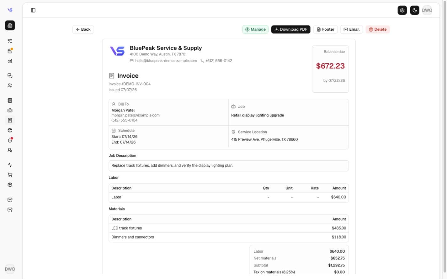 VadosStack invoice detail screen showing an invoice, customer billing details, service location, balance due, and document actions